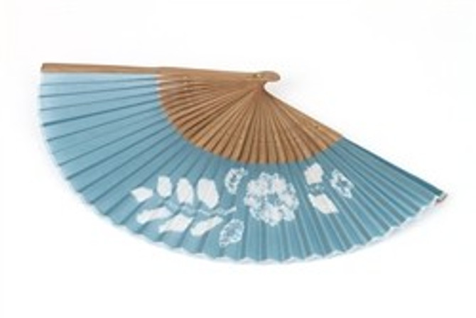 Foldable Hand Fan Made of Arimatsu Tie Dyeing Fabric with Flowers White on Green