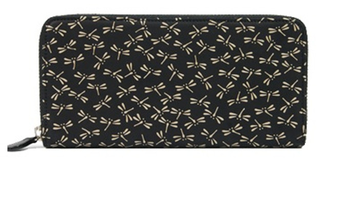 INDENYA Long Wallet with a Zipper 2317, Dragonflies White on Black