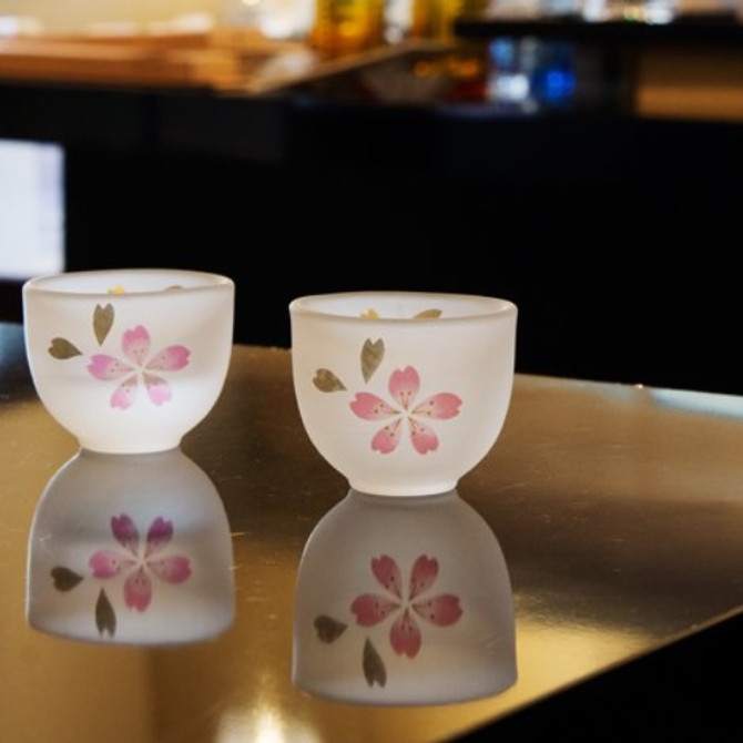 Frozen Glass Sake Cup, "HIMEKANOKO" with Sakura, 1pc