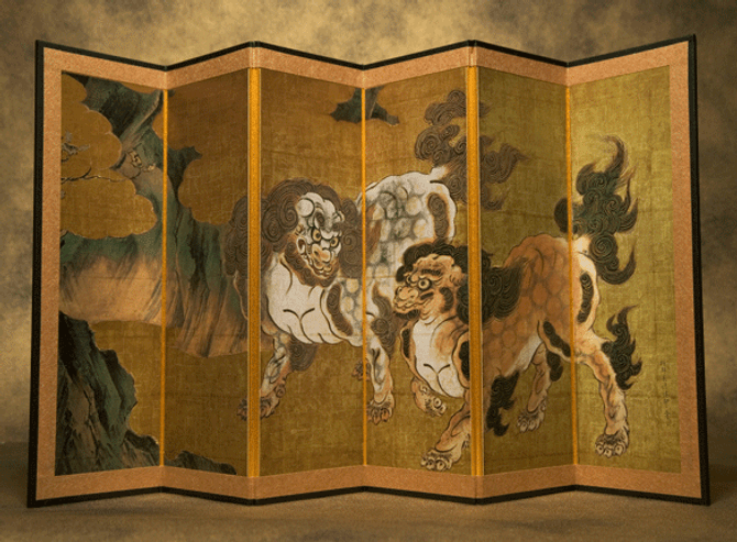 BENRIDO Decorative Folding Screen, "Chinese Guardian Lions - Karajishi"