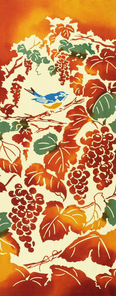 Tenugui with Siberian Bluechat on Grapes Pattern (268)