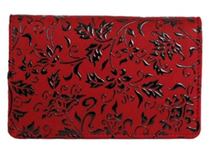 INDENYA Deer Leather Spacious Card Case 2506, Arabesque Flower Black on Red