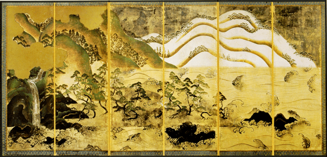 Decorative Folding Screen LANDSCAPE WITH THE SUN AND MOON by Sansuizu