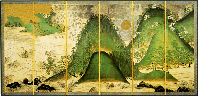Decorative Folding Screen LANDSCAPE WITH THE SUN AND MOON by Sansuizu
