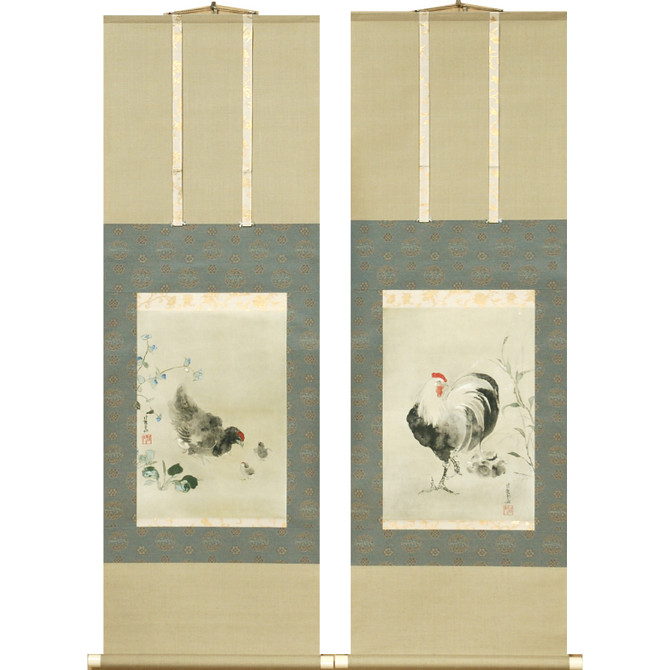 BENRIDO COLLOTYPE Double Hanging Scroll "Ogata K??rin Roosters"
