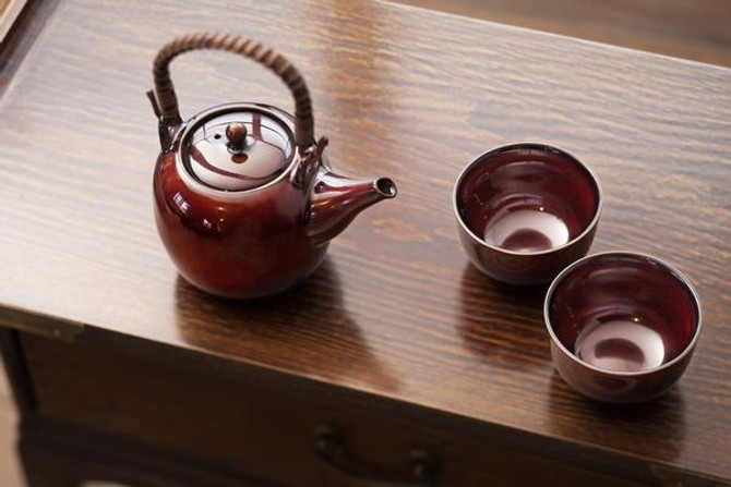 Brown Lacquer Collection Tea SET, pot + 2 cups