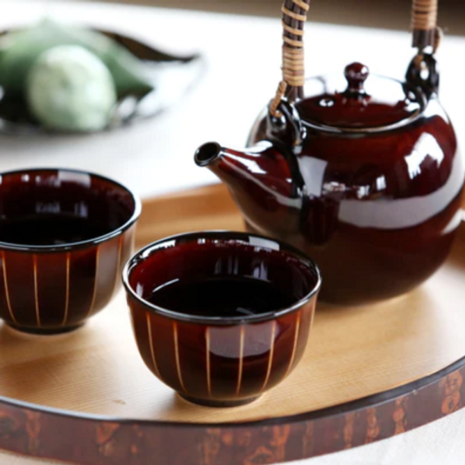 Brown Lacquer Collection Tea SET, pot + 2 cups