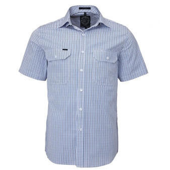 Pilbara Men's S/S Shirt, Double Pockets - Blue/Navy/White
