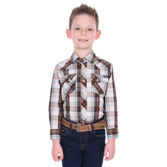 Pure Western Boys Roger L/S Shirt - Dark Tan/ White