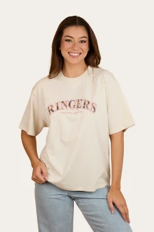 Ringers Western Womens Varsity Oversized Tee - Off White/Cow Print