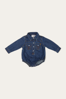 Ringers Western Babies Jax Chambray Western Shirt Romper - Classic Blue