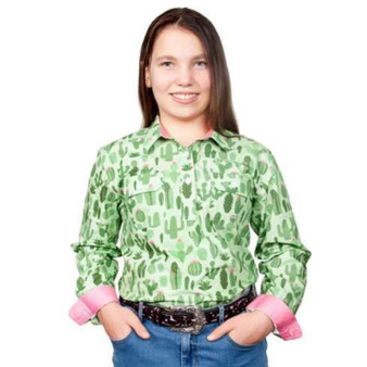 ON SALE Just Country Girls Harper Half Button L/Sleeve Shirt- Lime/Rose Cactus