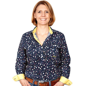 Just Country Womens Georgie Half Button L/S Shirt - Navy/Yellow Trim
