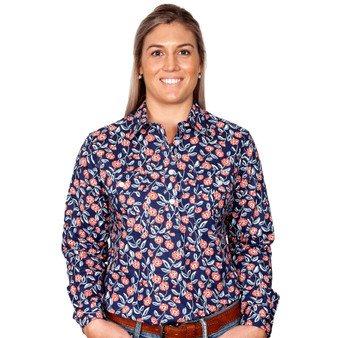 ON SALE Just Country Women's  Georgie L/Sleeve Shirt 1/2 Button- Navy / Red Gerbera