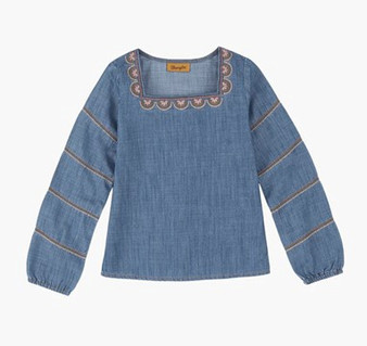 ON SALE Girl's Wrangler Peasant Top Puff Sleeves, Embroidery Blue