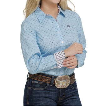 Cinch Women's Button Up L/S Western Shirt Light Blue Print