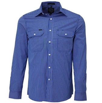 Pilbara Men's L/S Shirt Double Pockets - Royal/White/Check