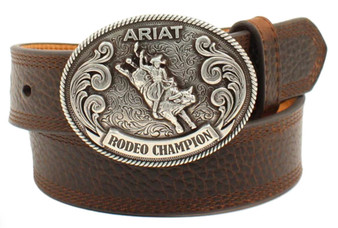Ariat Boy's Belt Classic Leather With Silver Bull Rider Buckle Brown