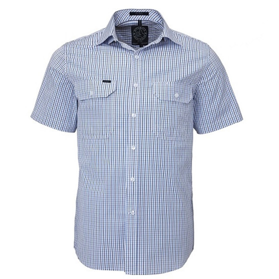 Pilbara Men's S/S Shirt, Double Pockets - Blue/Navy/White