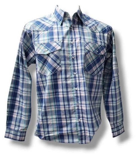 Bisley Men's Snap Button L/S Western Shirt Large Check Blue