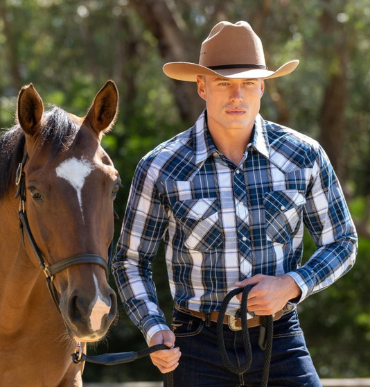 Pure Western Men's Nicholas LS Shirt - Navy/ Tan