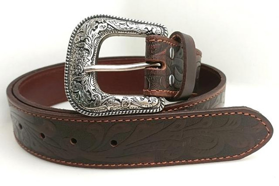 Pilbara Western Dress Buckle Tooled Leather Belt - Dark Brown