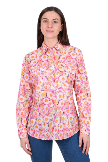 Hard Slog Womens Samira 1/2 PLKT Long Sleeve Shirt - Pink/ Yellow