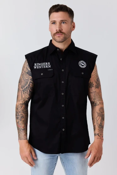 Ringers Western Mens Hawkeye Sleeveless Full Button Workshirt - Black Camo