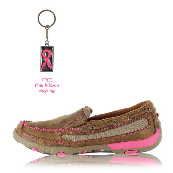 Twisted X Womens Pink Ribbon Driving Mocs Slip On Bomber/Neon Pink