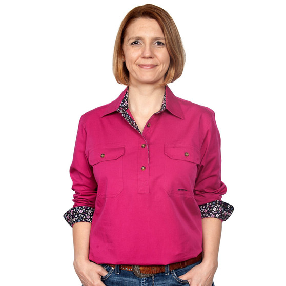 Just Country Women's Jahna Half Button Work Shirt- Magenta/Navy Floral