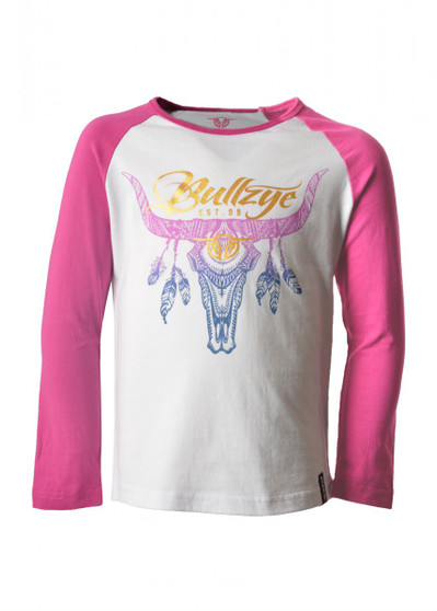 ON SALE Bullzye Girls Sunset Steer L/S Raglan Tee White/Berry