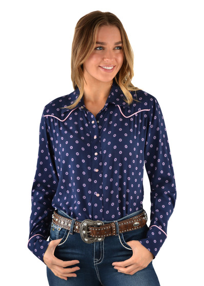 Pure Western Womens Lorrinda Printwestern L/S Shirt - Navy/Pink