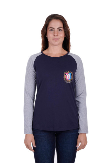ON SALE Women's Bullzye Royal Raglan L/S Tee Dark Navy/Grey Marle