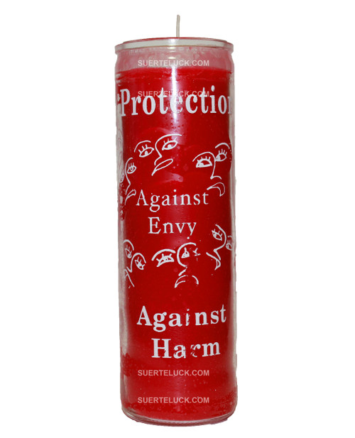 7 day spiritual candle Protection in red wax by Crusader Candles. Glass jar printed with white letters that say Protection against envy, against harm. There are Printed images of faces. 7 day spiritual candle Protection in red wax by Crusader Candles. Glass jar printed with white letters that say Protection against envy, against harm. There are Printed images of faces.