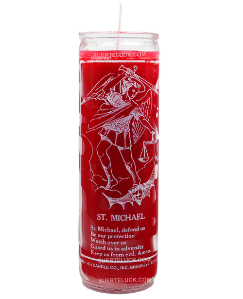 7 day spiritual candle Saint Michael in red wax by Crusader Candles. Glass jar printed with white letters that read Saint Michael with prayer of Saint Michael, defend us be our protection watch over us guard us in adversity keep us from evil. Amen. It also has the Saint Michael image printed on the glass. 