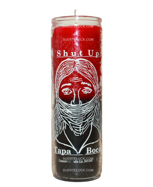7 day spiritual candle Shut Up- vela espiritual Tapa Boca 2 color candle black and red by Crusader Candles. Glass jar printed with white letters that read shut up in english and tapa boca. There is an image of a woman with her mouth covered with a piece of cloth. 