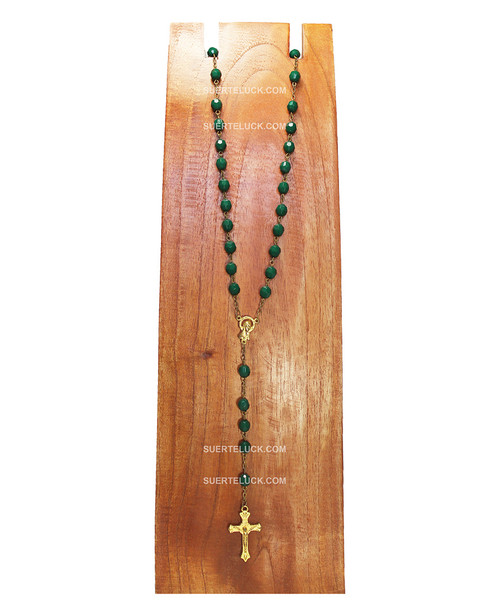 Emerald Green Rosary with Golden Crucifix 
wooden board necklace hanger 