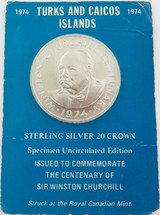 1974 TURKS AND CAICOS ISLANDS UNC STERLING SILVER 20 CROWN.