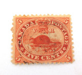 CANADA c1859 BEAVER 5c VERY LIGHT CANCEL HINGED STAMP.