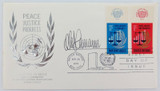 1970 UNITED NATIONS FDC EMBOSSED SILVER CACHET signed by DESIGNER of STAMPS.