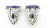 Art Deco Ceylon Sapphire & Diamond Gold + Palladium Double Clip Brooch Val 28040