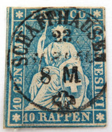 SWITZERLAND 1854 - 1862 10R IMPERF. G to VG USED HINGED CLASSIC STAMP.