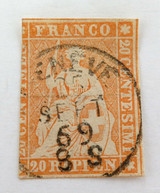 SWITZERLAND 1854 - 1862 20R IMPERF. G to VG USED HINGED CLASSIC STAMP.
