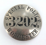 RARE OBSOLETE c1940s WORCESTER, MASSASCHUSETTS SPECIAL POLICE LARGE BADGE.