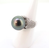 Black 13mm Pearl Sterling Silver Dress Ring with Pavé Set CZ Size L1/2