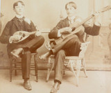 LARGE 1897 PHOTO OF 2 YOUNG MEN PLAYING MUSICAL INSTRUMENTS. AMERICANA !! 