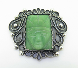 Huge Decorative Carved Mexican Greenstone Face Sterling Silver Brooch 34.9g