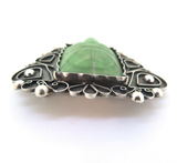 Huge Decorative Carved Mexican Greenstone Face Sterling Silver Brooch 34.9g