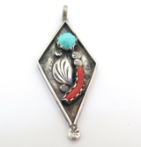Handmade Sterling Silver Turquoise & Coral Diamond Shaped Pendant 10.8g