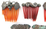 5 SUPERB ART NOUVEAU ERA / EARLY 1900s METAL & CELLULOID HAIR COMBS / CLIPS.